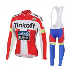 2015 Tinkoff Saxo Bank Rouge Fahrradbekleidung Radtrikot Satz Langarm und Lange Trägerhose