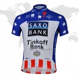 2013 Saxo Bank Tinkoff USA Champion Radtrikot Kurzarm Blau Weiß Rot