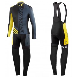 2016 Specialized Pro Team SZK Schwarz-Grau-Gelb Fahrradbekleidung Satz Radtrikot Langarm+Lang Trägerhose